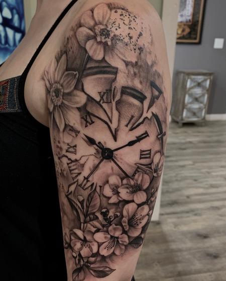 tattoos/ - Broken clock and flowers tattoo - 142178